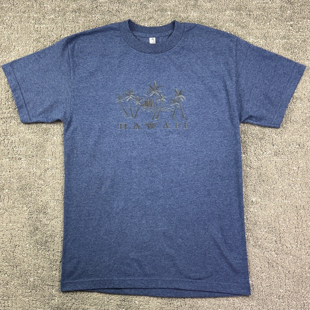 Vintage Hawaii T Shirt Mens M Blue Embroidered Palm Trees Sailboat Y2K AAA - Picture 2 of 6